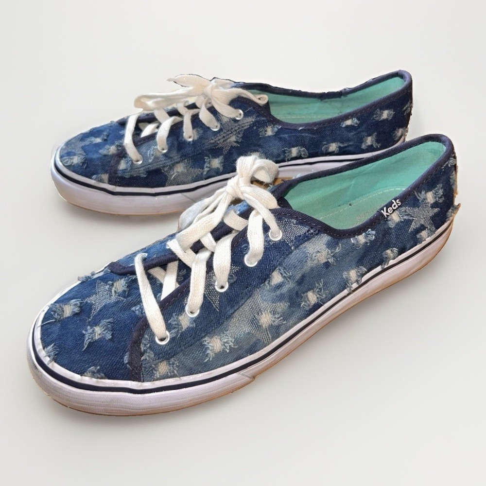 VTG Keds Champion 9.5 Blue Distressed Denim Star Low Top Sneakers Rubber SOle
